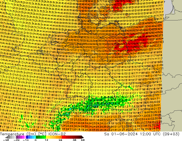 Temperature (2m) ICON-D2 Sa 01.06.2024 12 UTC