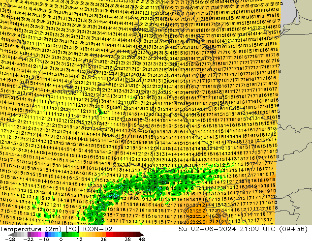 карта температуры ICON-D2 Вс 02.06.2024 21 UTC