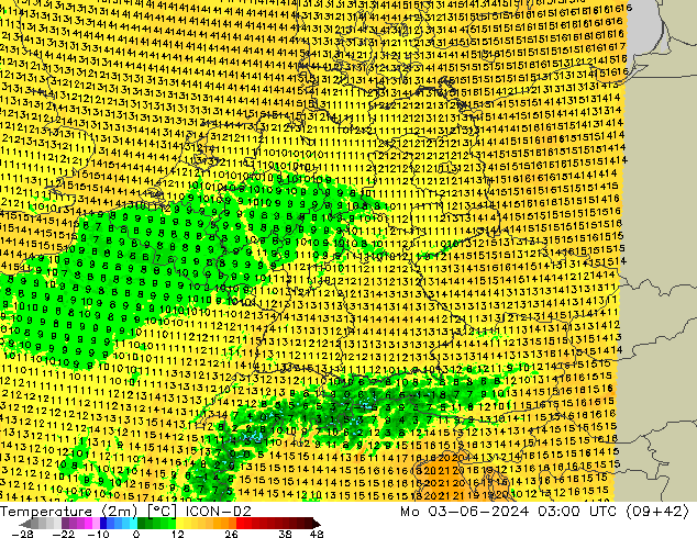 Temperatura (2m) ICON-D2 lun 03.06.2024 03 UTC