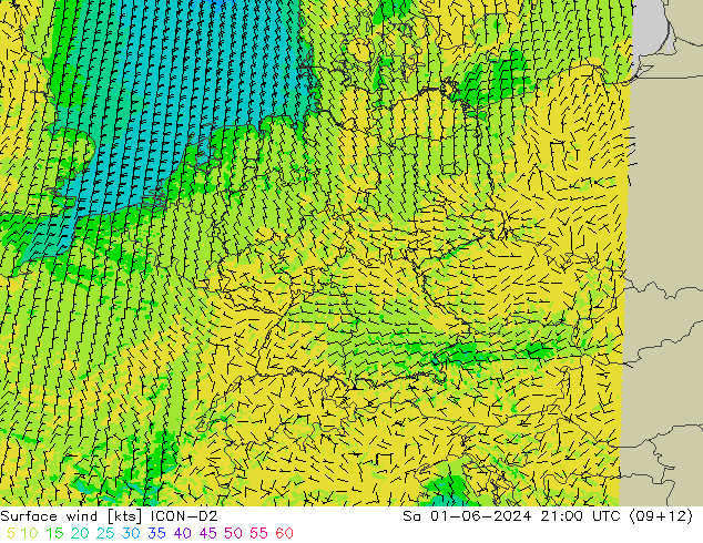 Surface wind ICON-D2 Sa 01.06.2024 21 UTC