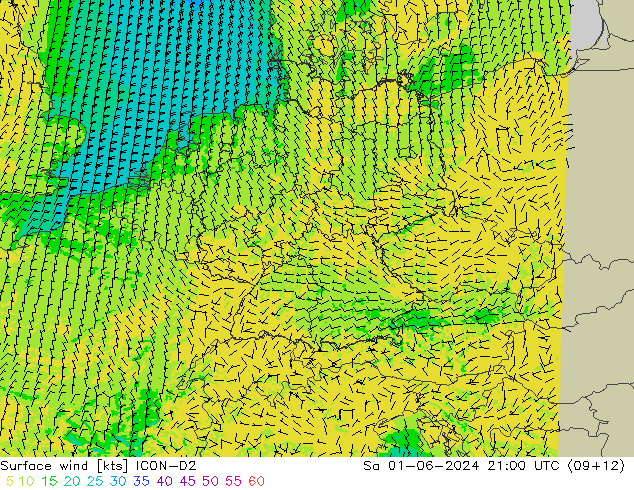 Vento 10 m ICON-D2 Sáb 01.06.2024 21 UTC