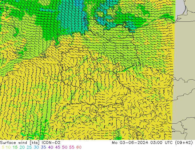 Surface wind ICON-D2 Mo 03.06.2024 03 UTC