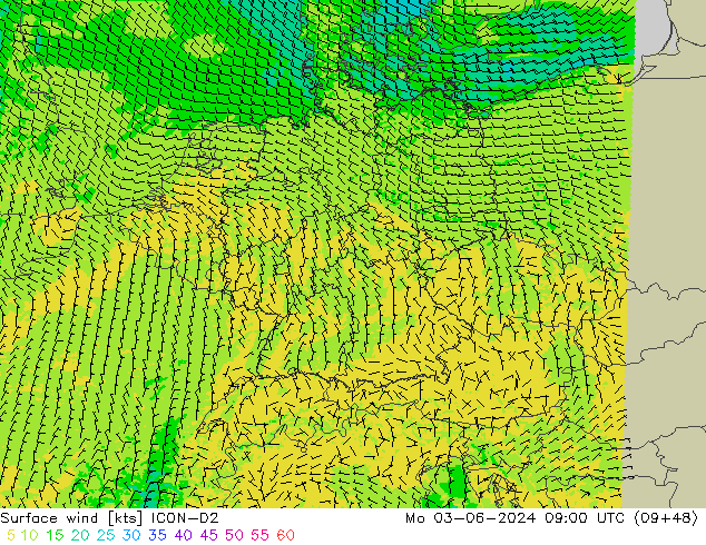 Viento 10 m ICON-D2 lun 03.06.2024 09 UTC