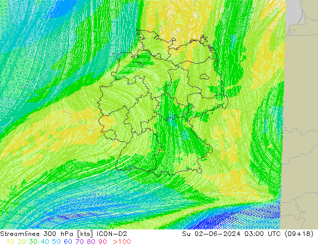 Linha de corrente 300 hPa ICON-D2 Dom 02.06.2024 03 UTC