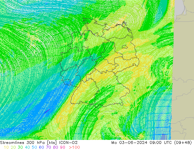 Stroomlijn 300 hPa ICON-D2 ma 03.06.2024 09 UTC