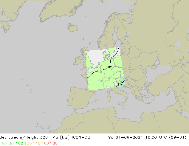 Jet stream ICON-D2 Sáb 01.06.2024 10 UTC