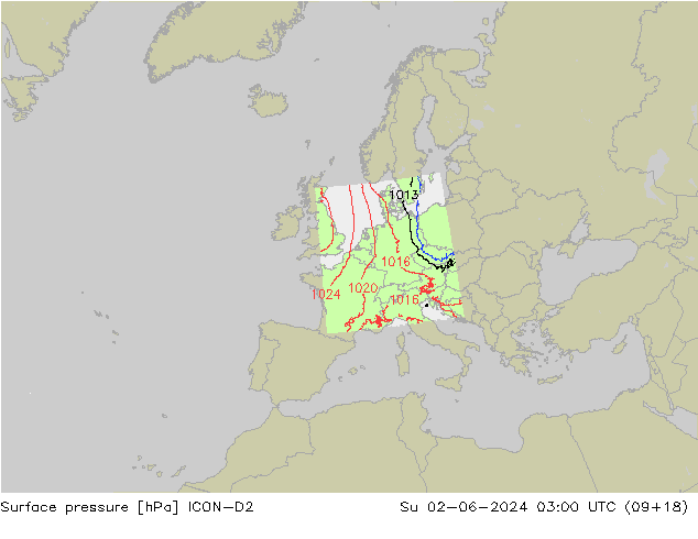 Atmosférický tlak ICON-D2 Ne 02.06.2024 03 UTC