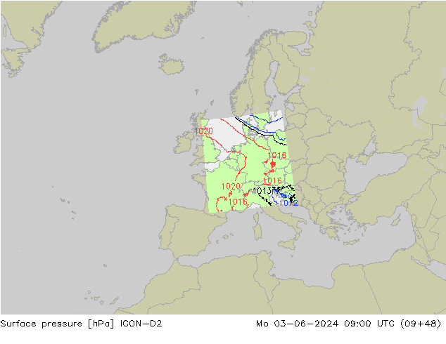 Luchtdruk (Grond) ICON-D2 ma 03.06.2024 09 UTC
