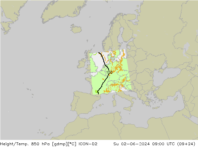 Height/Temp. 850 hPa ICON-D2 Su 02.06.2024 09 UTC