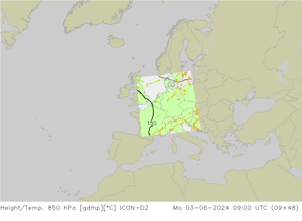 Height/Temp. 850 hPa ICON-D2  03.06.2024 09 UTC