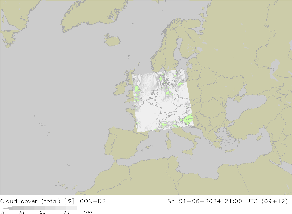 Cloud cover (total) ICON-D2 Sa 01.06.2024 21 UTC