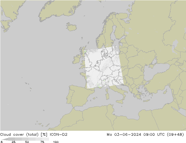 Nubes (total) ICON-D2 lun 03.06.2024 09 UTC