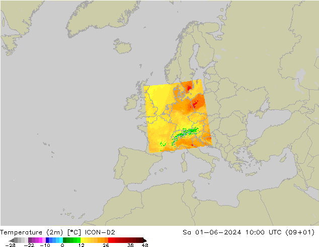 Temperature (2m) ICON-D2 Sa 01.06.2024 10 UTC