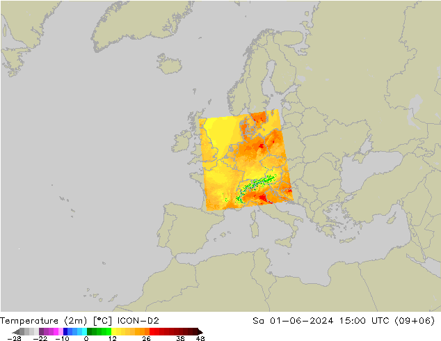 Temperature (2m) ICON-D2 Sa 01.06.2024 15 UTC