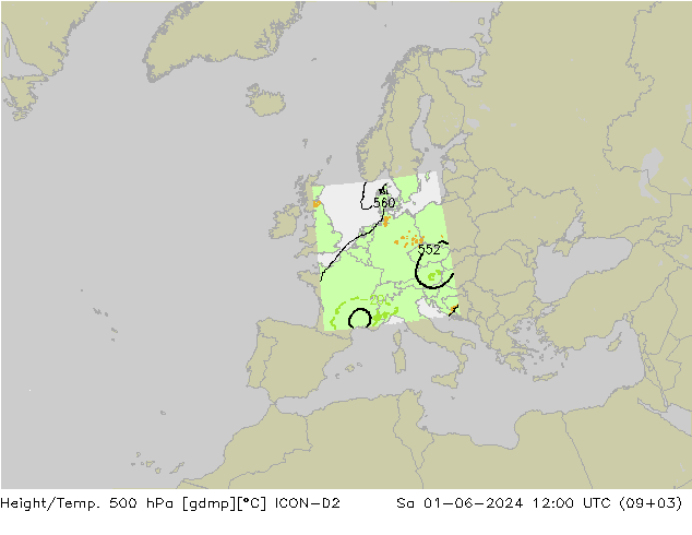 Height/Temp. 500 hPa ICON-D2 Sa 01.06.2024 12 UTC