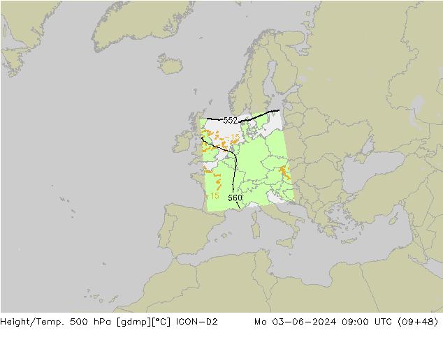 Height/Temp. 500 hPa ICON-D2 Seg 03.06.2024 09 UTC