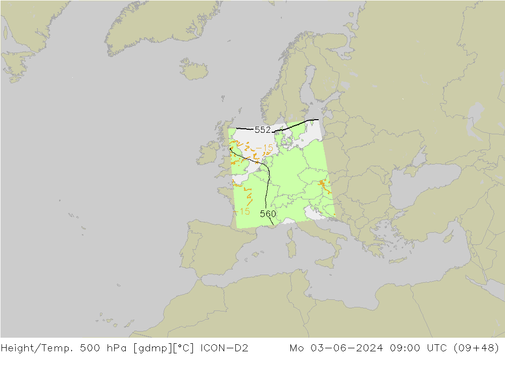 Height/Temp. 500 hPa ICON-D2 Mo 03.06.2024 09 UTC