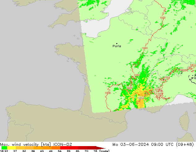 Max. wind velocity ICON-D2 lun 03.06.2024 09 UTC