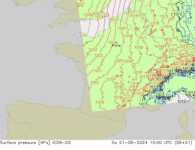 приземное давление ICON-D2 сб 01.06.2024 10 UTC