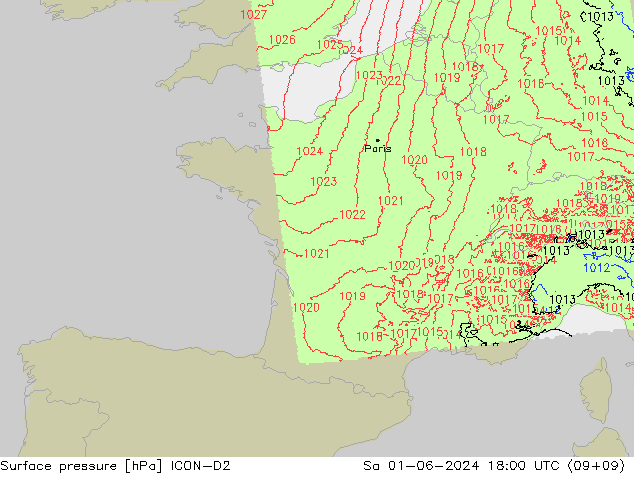 Surface pressure ICON-D2 Sa 01.06.2024 18 UTC