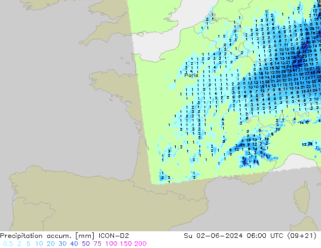 Precipitation accum. ICON-D2 Dom 02.06.2024 06 UTC