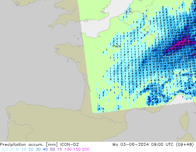 Precipitation accum. ICON-D2  03.06.2024 09 UTC