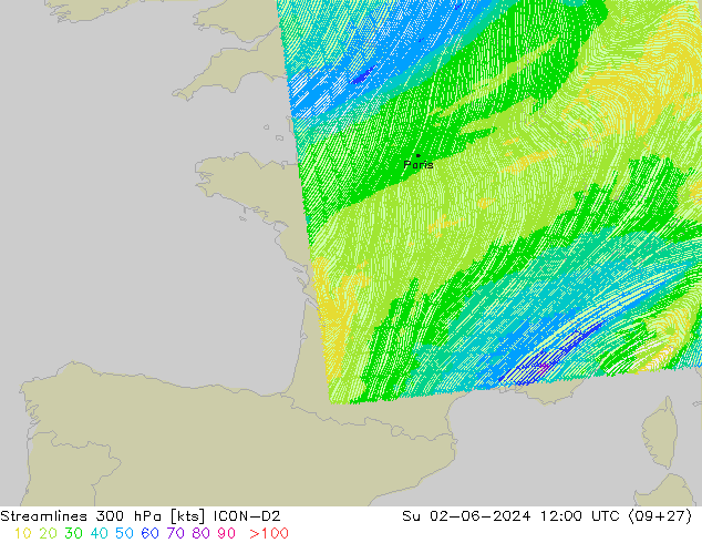 Ligne de courant 300 hPa ICON-D2 dim 02.06.2024 12 UTC