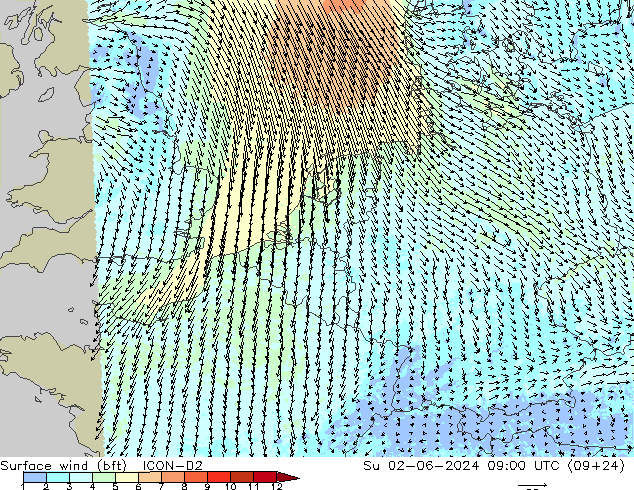 Rüzgar 10 m (bft) ICON-D2 Paz 02.06.2024 09 UTC