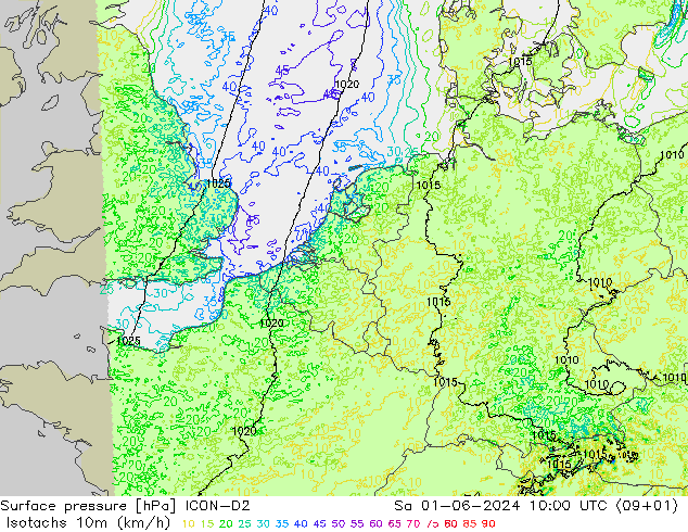 Isotachs (kph) ICON-D2 Sa 01.06.2024 10 UTC