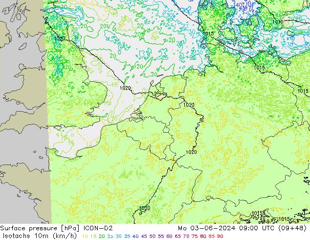 Isotachs (kph) ICON-D2 пн 03.06.2024 09 UTC