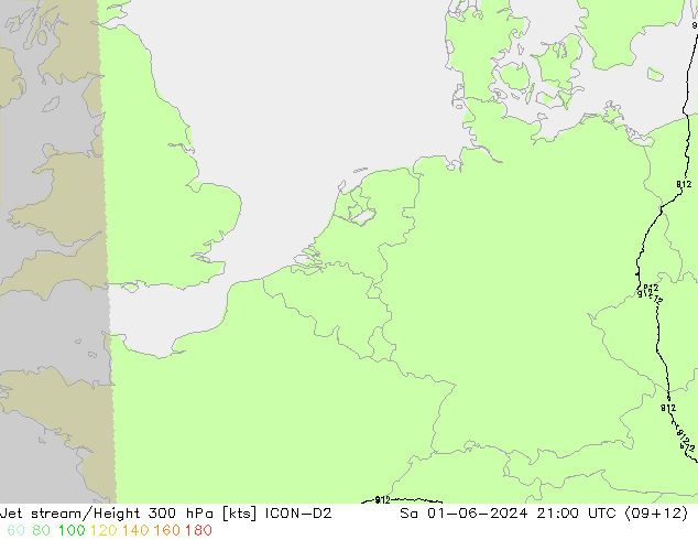 Jet stream ICON-D2 Sáb 01.06.2024 21 UTC