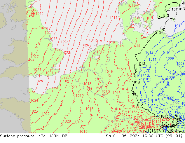 地面气压 ICON-D2 星期六 01.06.2024 10 UTC