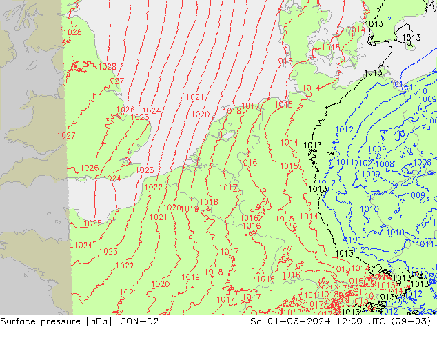 Surface pressure ICON-D2 Sa 01.06.2024 12 UTC