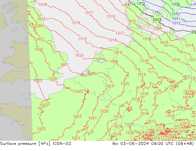 Surface pressure ICON-D2 Mo 03.06.2024 09 UTC