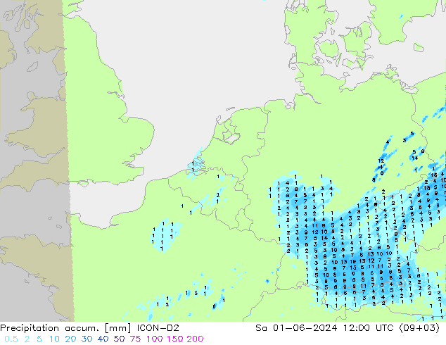 Precipitation accum. ICON-D2 сб 01.06.2024 12 UTC