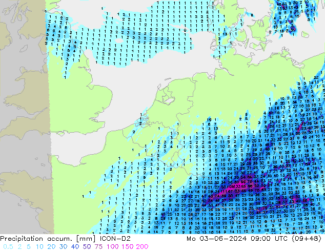 Precipitation accum. ICON-D2 Po 03.06.2024 09 UTC