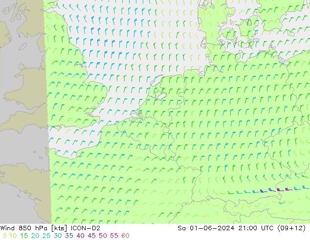 Vento 850 hPa ICON-D2 Sáb 01.06.2024 21 UTC