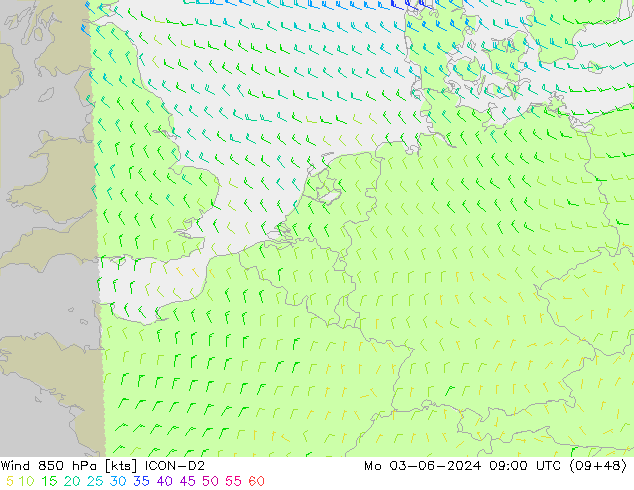 Vento 850 hPa ICON-D2 Seg 03.06.2024 09 UTC