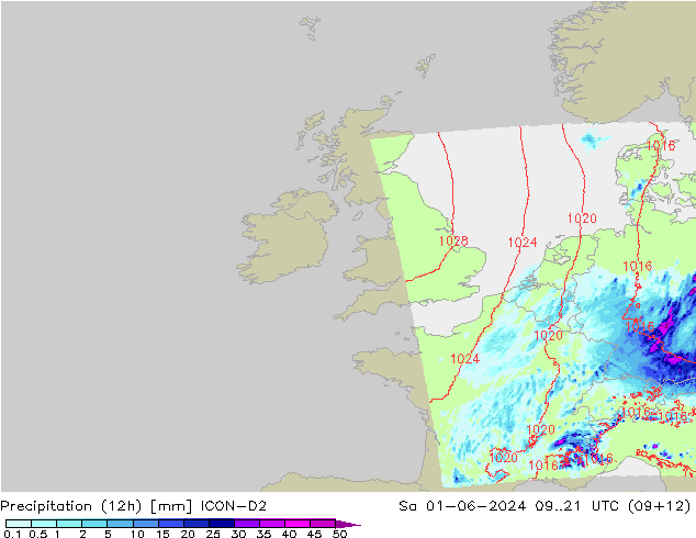 Precipitação (12h) ICON-D2 Sáb 01.06.2024 21 UTC
