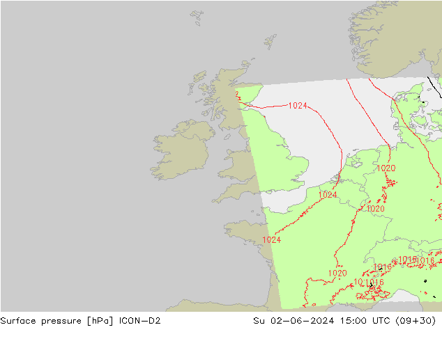 Atmosférický tlak ICON-D2 Ne 02.06.2024 15 UTC
