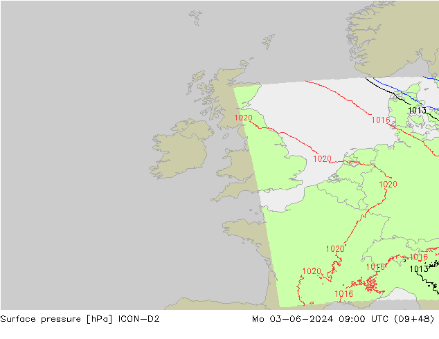 Presión superficial ICON-D2 lun 03.06.2024 09 UTC