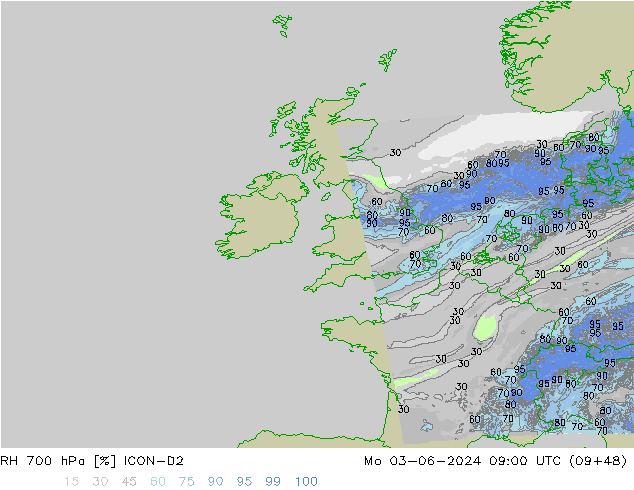 RH 700 hPa ICON-D2 pon. 03.06.2024 09 UTC