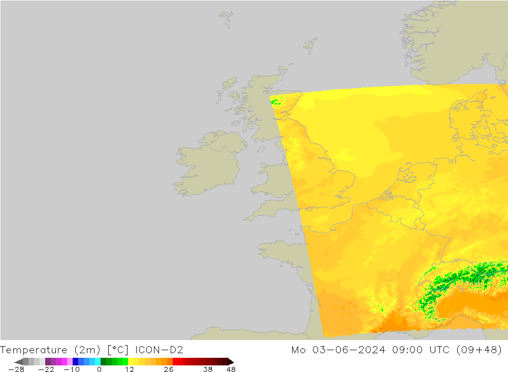 карта температуры ICON-D2 пн 03.06.2024 09 UTC