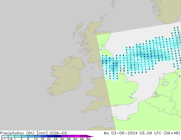 Totale neerslag (6h) ICON-D2 ma 03.06.2024 09 UTC