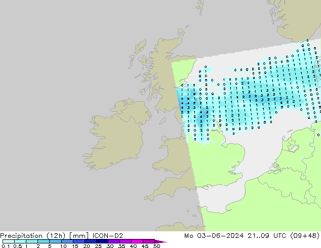 Totale neerslag (12h) ICON-D2 ma 03.06.2024 09 UTC