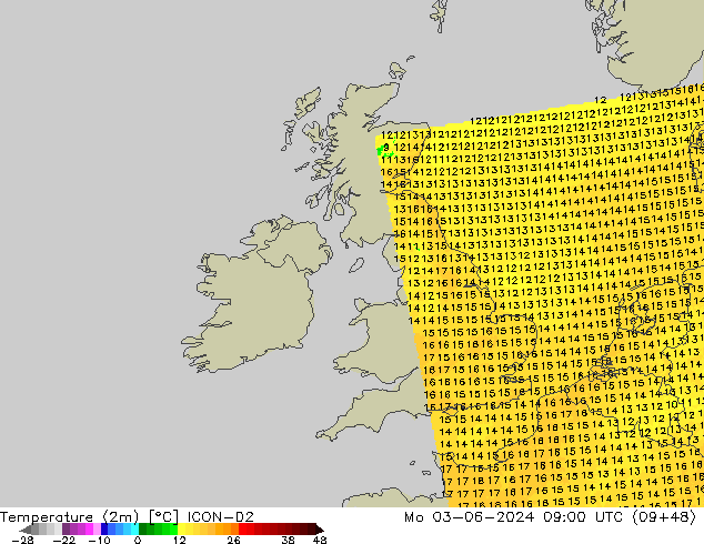 Temperature (2m) ICON-D2 Mo 03.06.2024 09 UTC