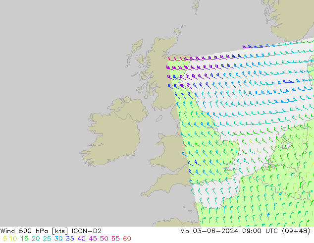 ветер 500 гПа ICON-D2 пн 03.06.2024 09 UTC