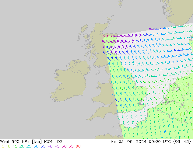 Vento 500 hPa ICON-D2 lun 03.06.2024 09 UTC