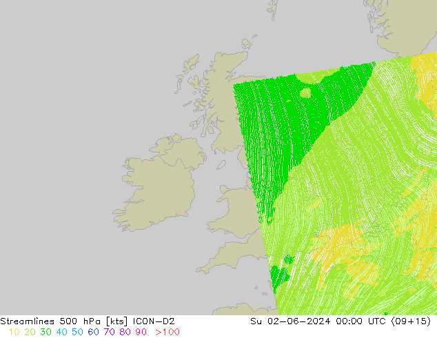 Línea de corriente 500 hPa ICON-D2 dom 02.06.2024 00 UTC