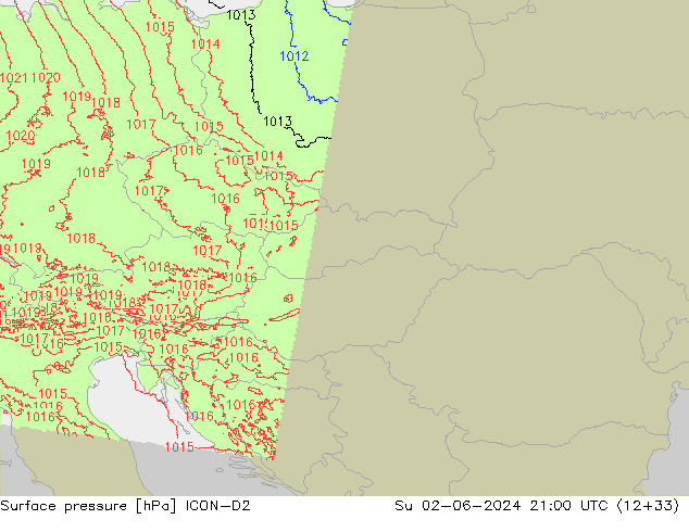 Surface pressure ICON-D2 Su 02.06.2024 21 UTC